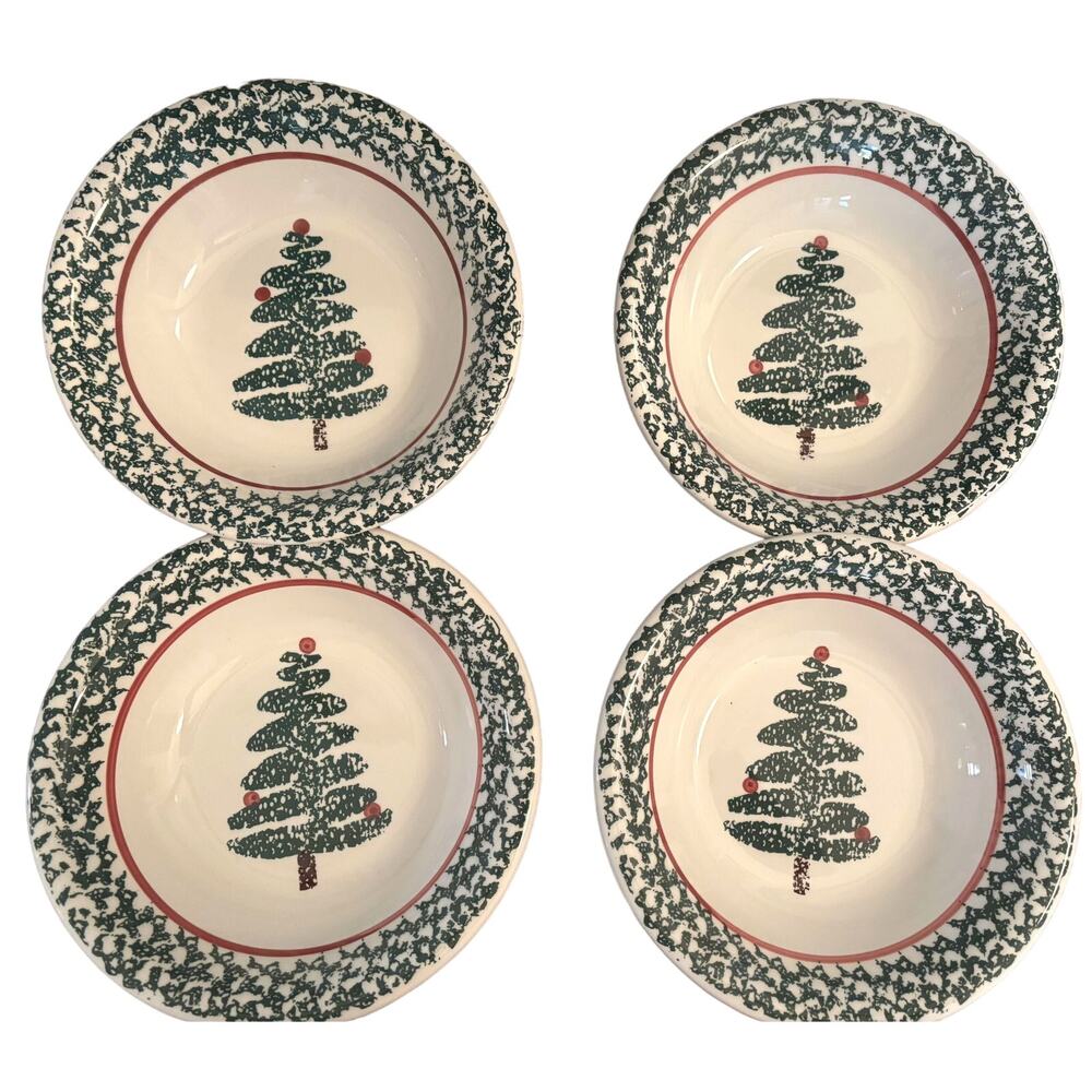 Vintage Furio Sponge Christmas Tree Red Band Set Of 4 Coupe Soup Bowls Italy 8"